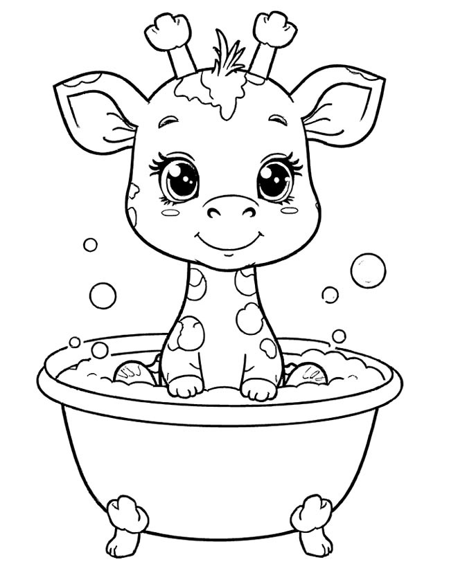 Baby giraffe bathing in a tub coloring page